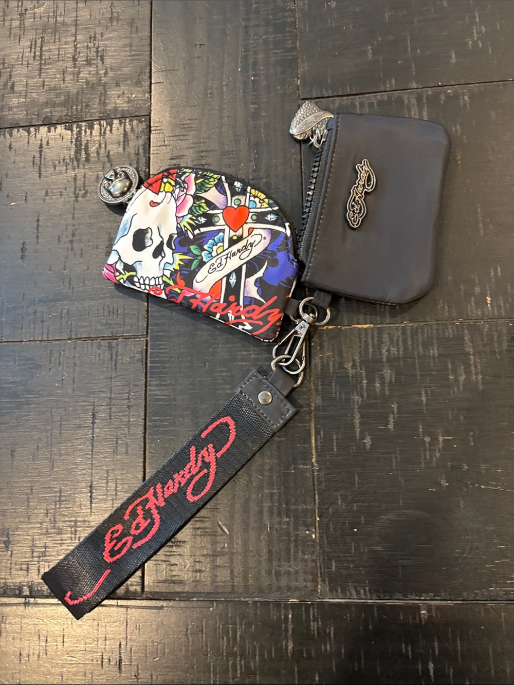 Ed Hardy Black Wrist Strap Coin Pouch Set with Multicolor Skull Accent